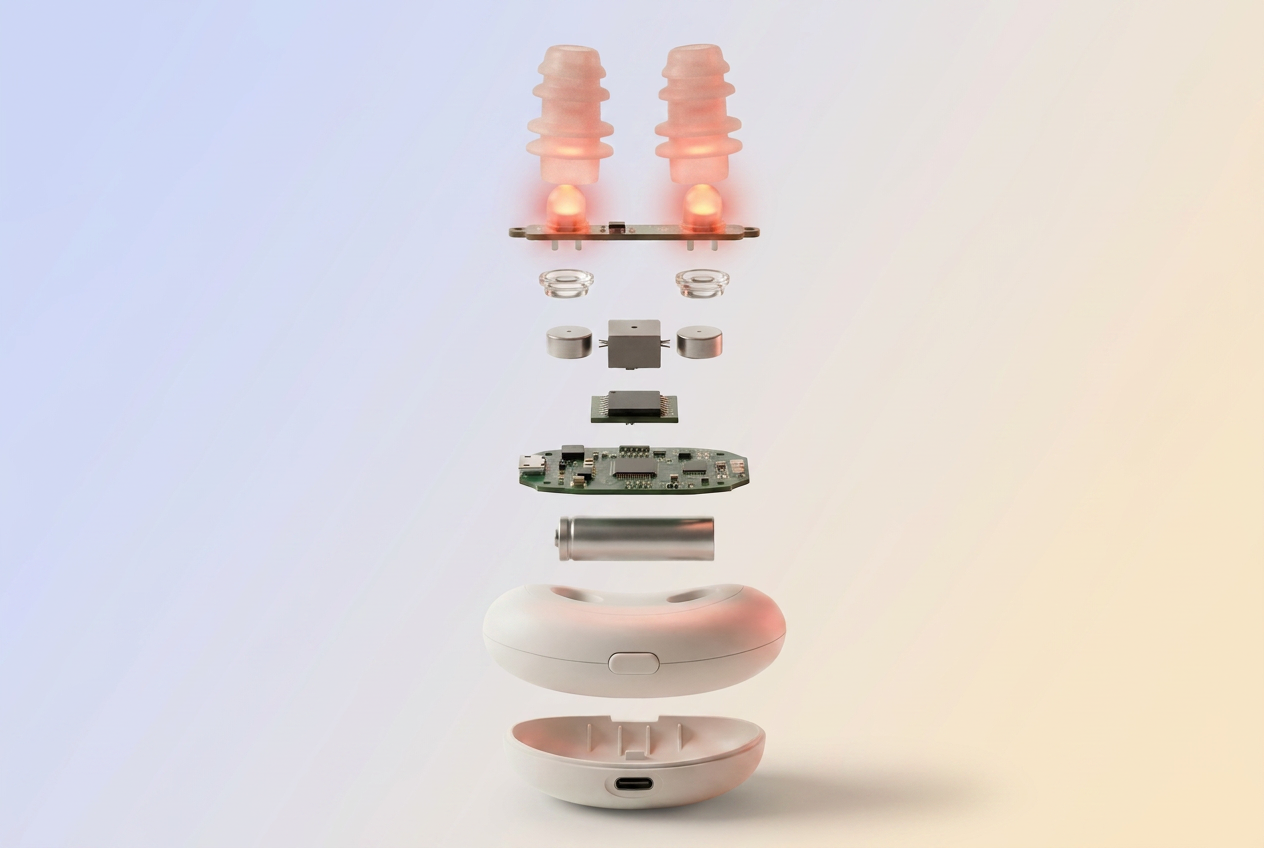 Vue éclatée du dispositif — chaque composant séparé, style schéma technique premium