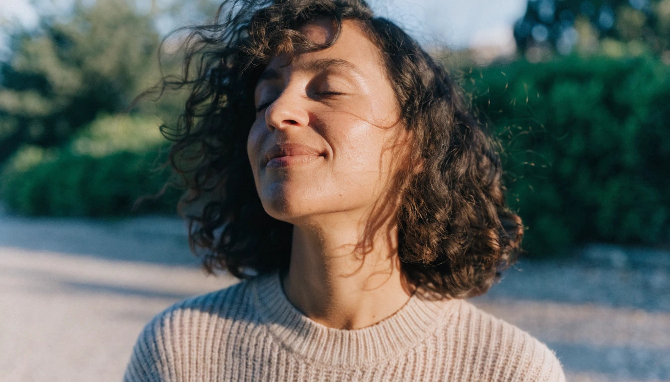 Visuel lifestyle — personne respirant profondément, lumière naturelle, ambiance calme et libre, aucun produit visible