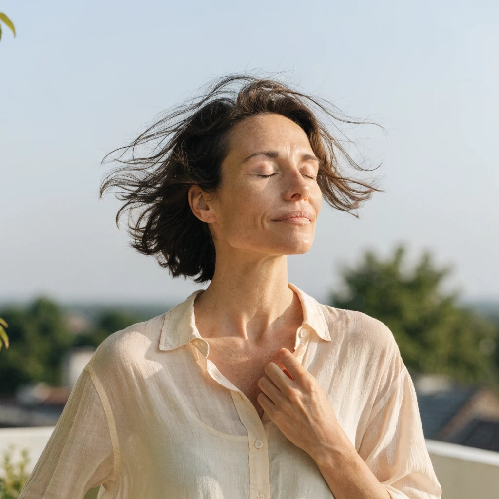 Visuel émotionnel — personne souriante, respiration, bien-être, lumière naturelle, ambiance premium