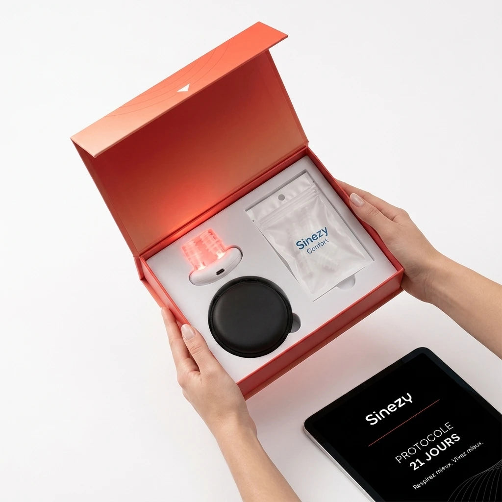 Visuel produit premium — packaging, étui, embouts, protocole, fond épuré, sans texte